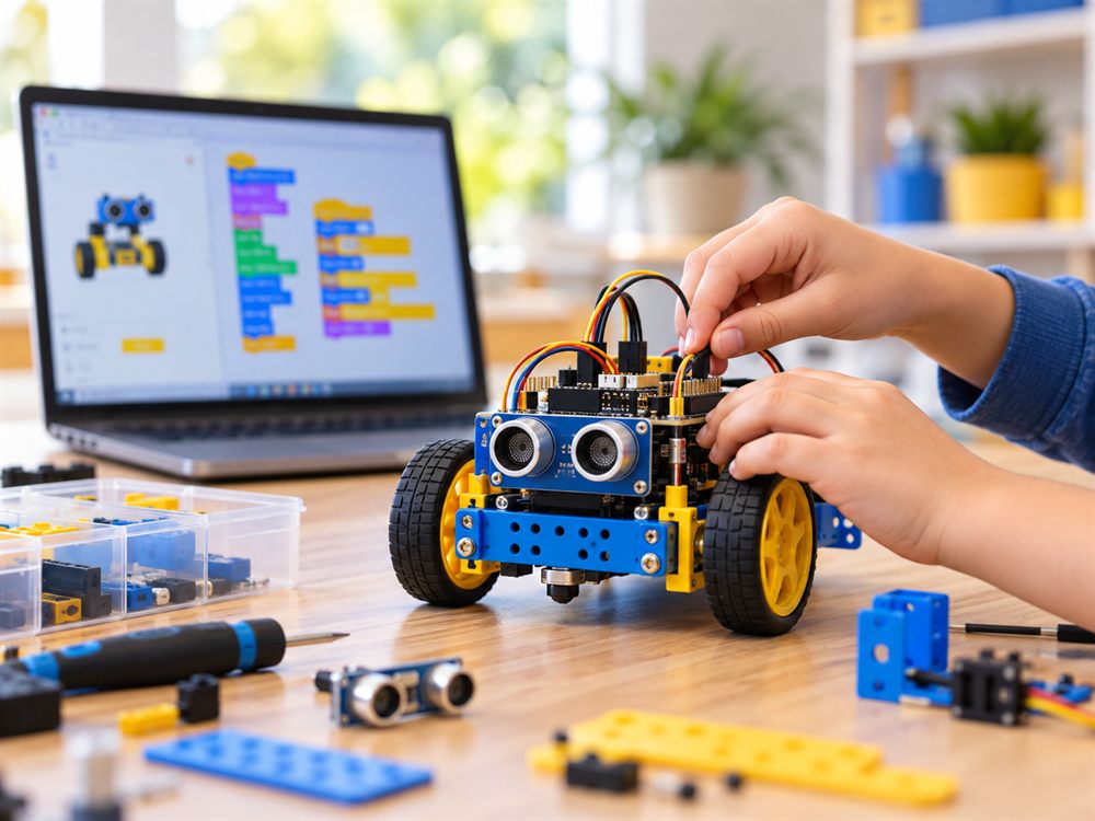 Kabloları takılan sensörlü robot araç, arkada blok kodlama ekranı açık bir dizüstü bilgisayar